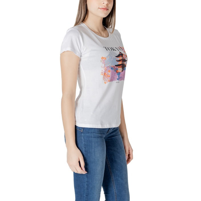 Liu Jo - T-shirt in cotone con stampa e strass - WA5239JS923M9567