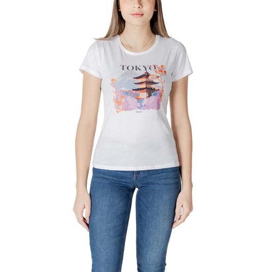 Liu Jo - T-shirt in cotone con stampa e strass - WA5239JS923M9567